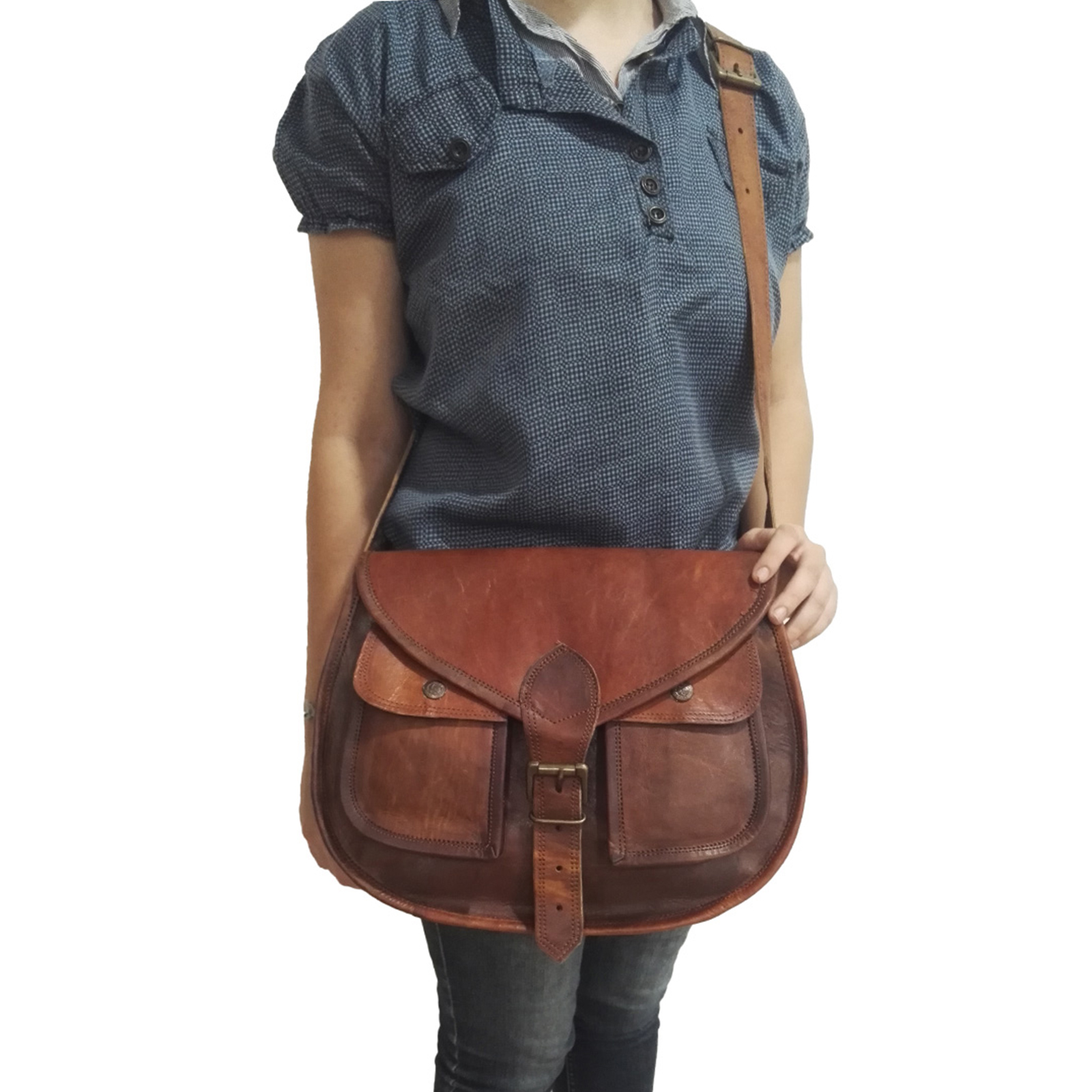 Genuine Brown Leather Women's Saddle-Style Purse Everyday Sling Handbag Crossbody Bag